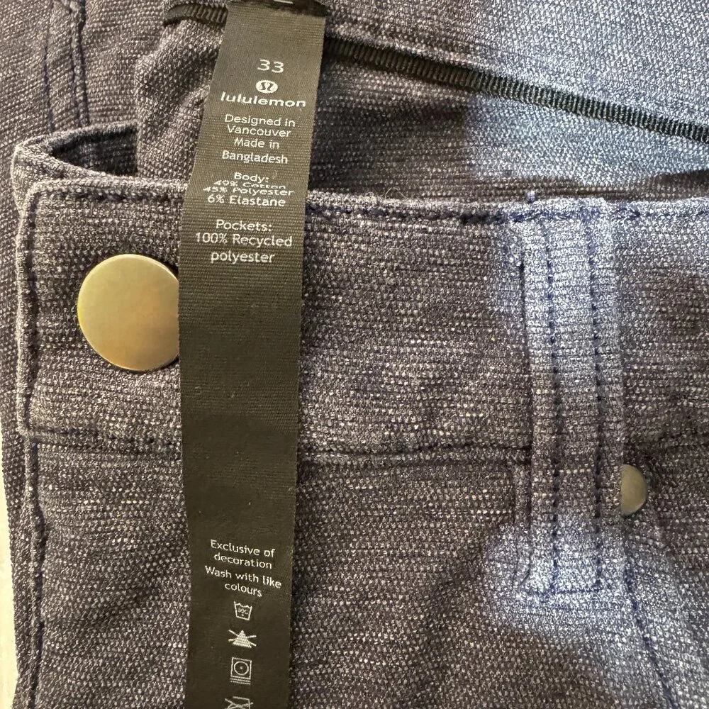 Lululemon ABC Pant Slim Tech Canvas Mens 33 EUC‎ Pockets Stretch Flat Front Blue